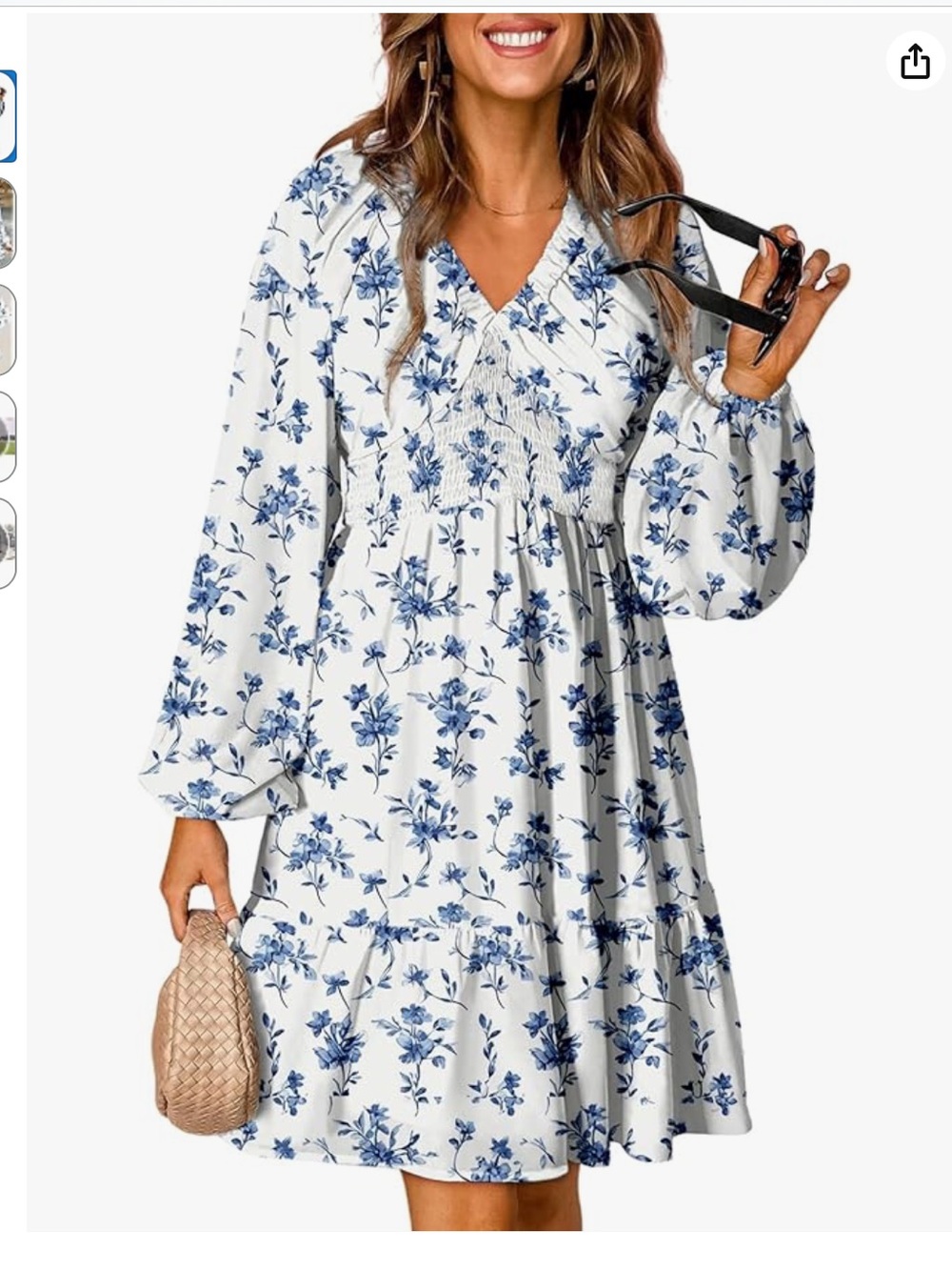 Blue Floral V-Neck Smocked Mini Dress